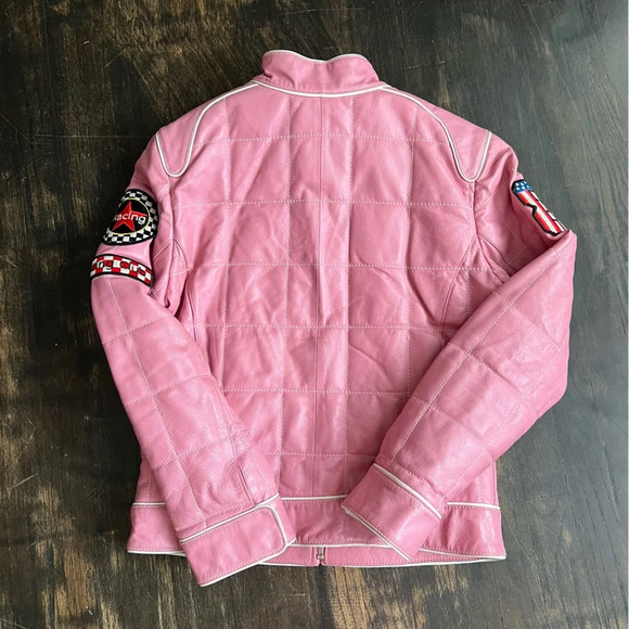 Marcia Collection Cafe Racer Pink Black Leather Women's Motorcycle Jacket Small - Picture 5 of 6